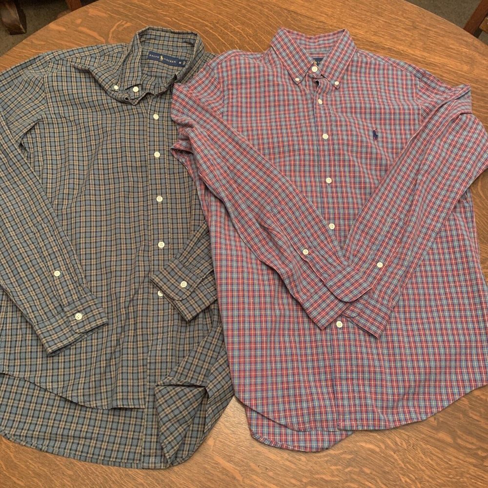 Ralph Lauren Logo Lot 2  Plaid Mens Button Down LS Shirts Size M